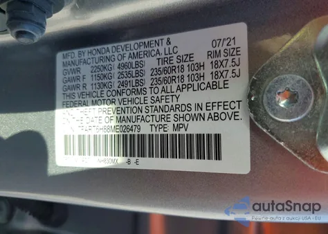 2021 Honda Cr-V Exl из США, поврежденный, VIN 7FART6H88ME026479